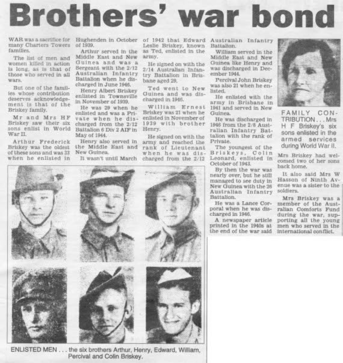 Newspaper clipping Brothers' war bond about the Briskey family